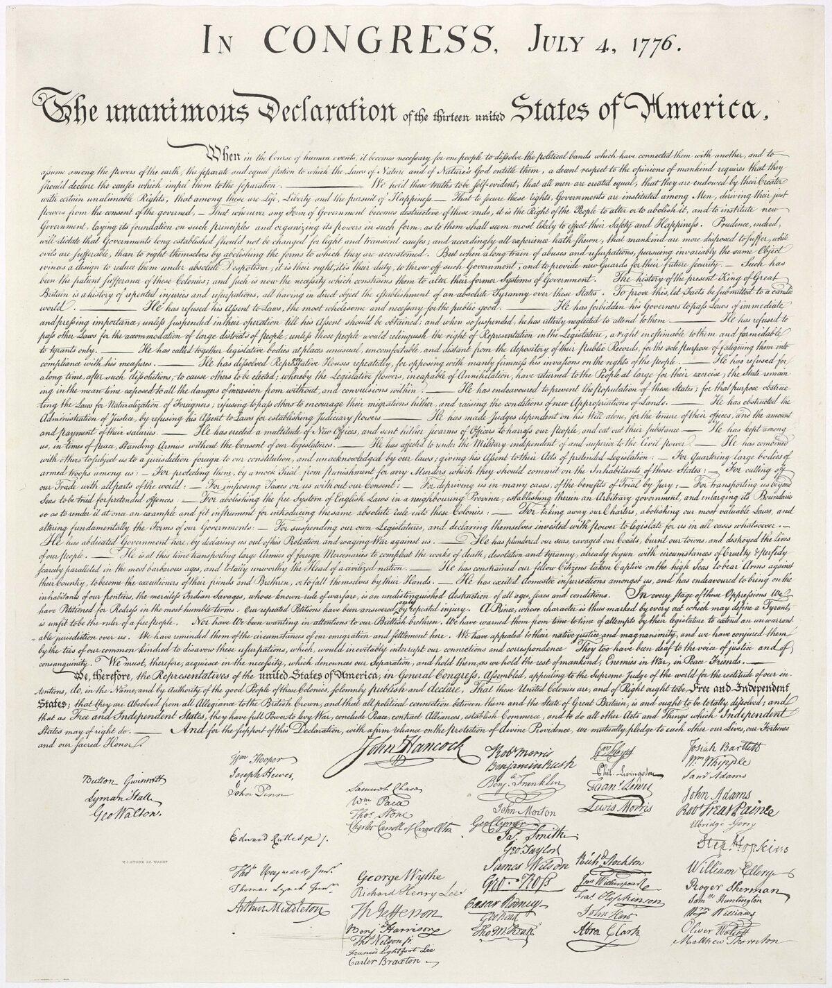 “The Declaration of Independence,” July 4, 1776, a copy of the 1823 William Stone facsimile. (Public Domain)