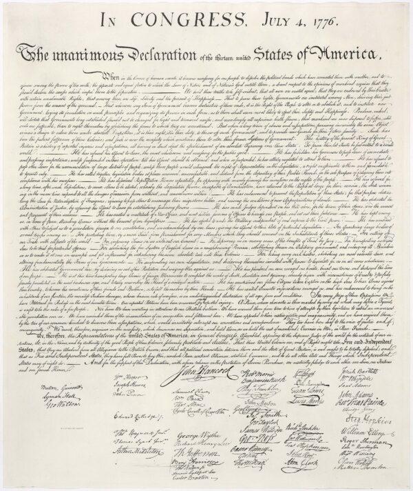 “The Declaration of Independence,” July 4, 1776, a copy of the 1823 William Stone facsimile. (Public Domain)