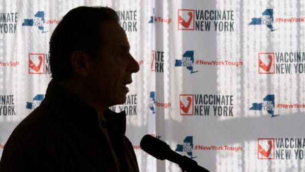 Gov. Andrew Cuomo speaks to reporters during a news conference at a COVID-19 pop-up vaccination site in the William Reid Apartments in the Brooklyn borough of New York, on Jan,. 23, 2021. (Mary Altaffer/Pool, AP)