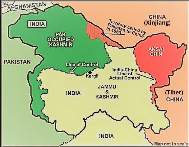 <span style="color: #000000;">A map of Jammu and Kashmir (not on scale) shows how the state that in 1947 acceded to India is currently under the control of India, Pakistan, and China. In 2019, the Indian administration bifurcated the state into two federally governed territories of Jammu and Kashmir, and Ladakh. (Map adapted by Venus Upadhayaya)</span>