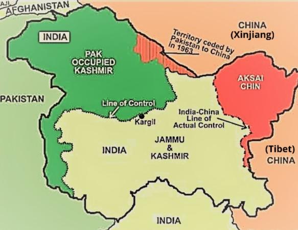 A map of Jammu and Kashmir (not on scale) shows how the state that in 1947 acceded to India is currently under the control of India, Pakistan, and China. In 2019, the Indian administration bifurcated the state into two federally governed territories of Jammu and Kashmir, and Ladakh. (Map adapted by Venus Upadhayaya)