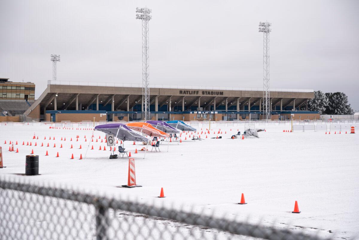 The Ratliff Stadium is seen covered in snow and ice in Midland, Texas, on Feb. 13, 2021. (Eli Hartman/Odessa American via AP)