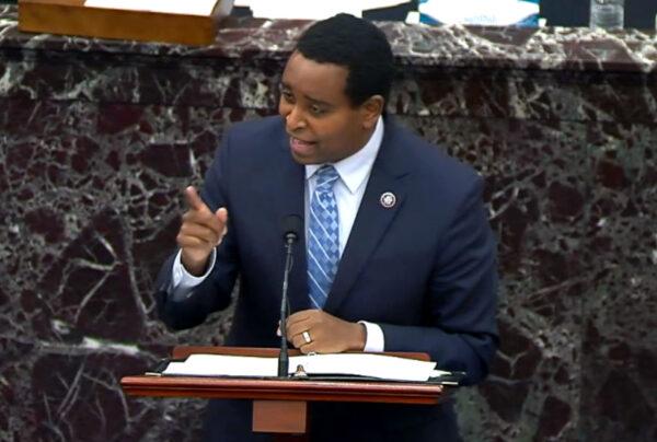 In this screenshot taken from a congress.gov webcast, House impeachment manager Rep. Joe Neguse (D-Colo.) gives closing arguments on the fifth day of President Donald Trump's second impeachment trial at the U.S. Capitol in Washington on Feb. 13, 2021. (congress.gov via Getty Images)
