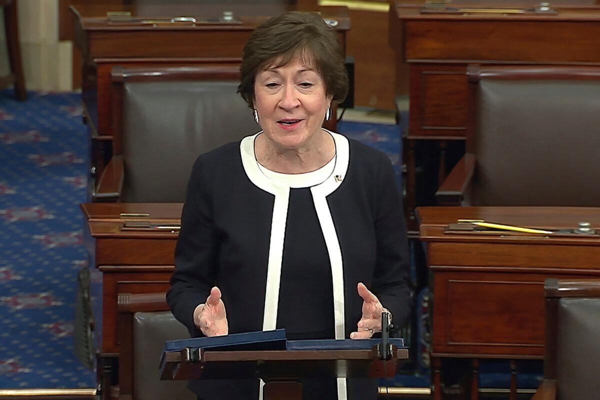 In this image from video, Sen. Susan Collins (R-Maine) speaks after the Senate acquitted former President Donald Trump in his second impeachment trial in the Senate at the U.S. Capitol in Washington on Feb. 13, 2021. (Senate Television via AP)