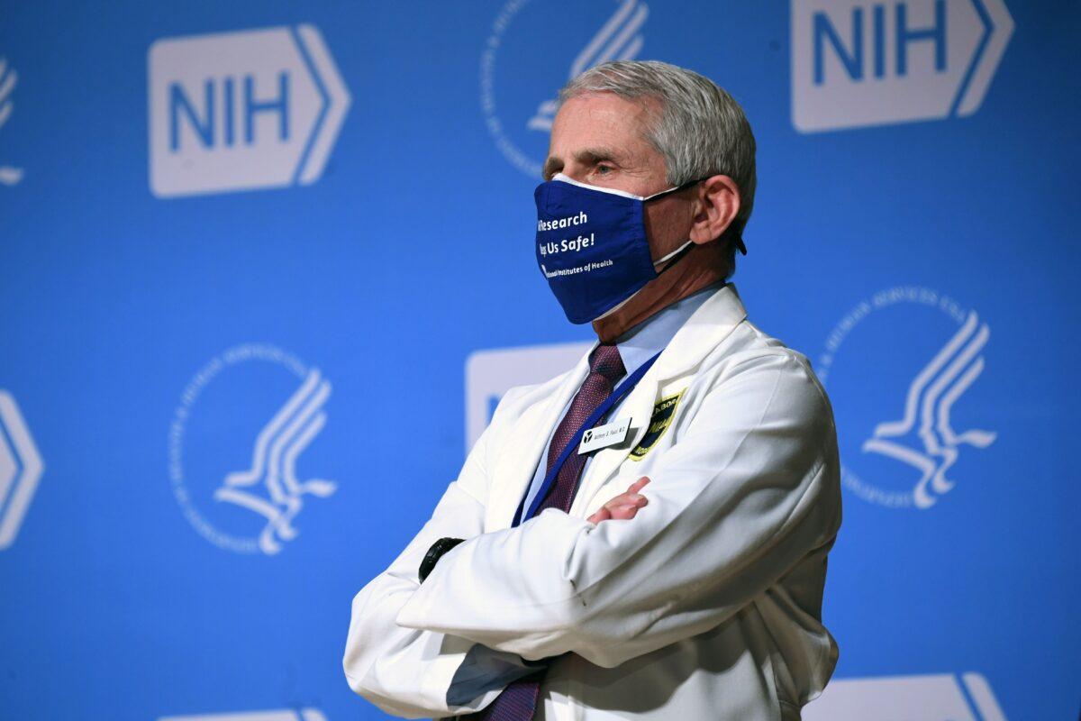 White House chief medical adviser on COVID-19 Dr. Anthony Fauci stands at the National Institutes of Health (NIH) in Bethesda, Md., on Feb. 11, 2021. (Saul Loeb/AFP via Getty Images)
