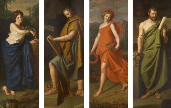 A panel of four paintings by Ferdinand Georg Waldmüller depicting Hygieia, Hippocrates, Fauna, and Galen, 1826. (Public domain)
