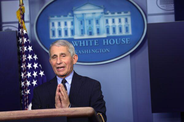 Dr. Anthony Fauci, director of the National Institute of Allergy and Infectious Diseases, speaks during a White House press briefing at the James Brady Press Briefing Room of the White House in Washington, D.C., on Jan. 21, 2021. (Alex Wong/Getty Images)