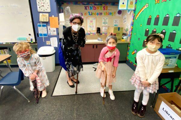 Students and a teacher are dressed up as elderly women in Lincoln Elementary School in Corona Del Mar, Calif. (Courtesy of Lincoln Elementary School)