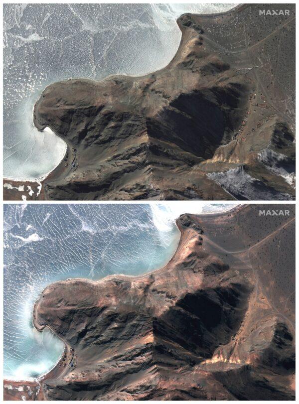 A combination photo shows an overview of deployments along areas known as Finger 7 and Finger 8, at Pangong Tso, in this handout satellite image provided by Maxar dated Jan. 30, 2021 (top) and Feb. 16, 2021. (Satellite image (copyright) 2021 Maxar Technologies/Handout via Reuters)