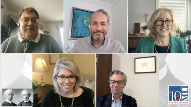 (Clockwise from top C) Macdonald-Laurier Institute webinar panellists JP Gladu, Lisa Raitt, Gary Doer, and Maryscott Greenwood, with moderator Ken Coates. (Screenshot)