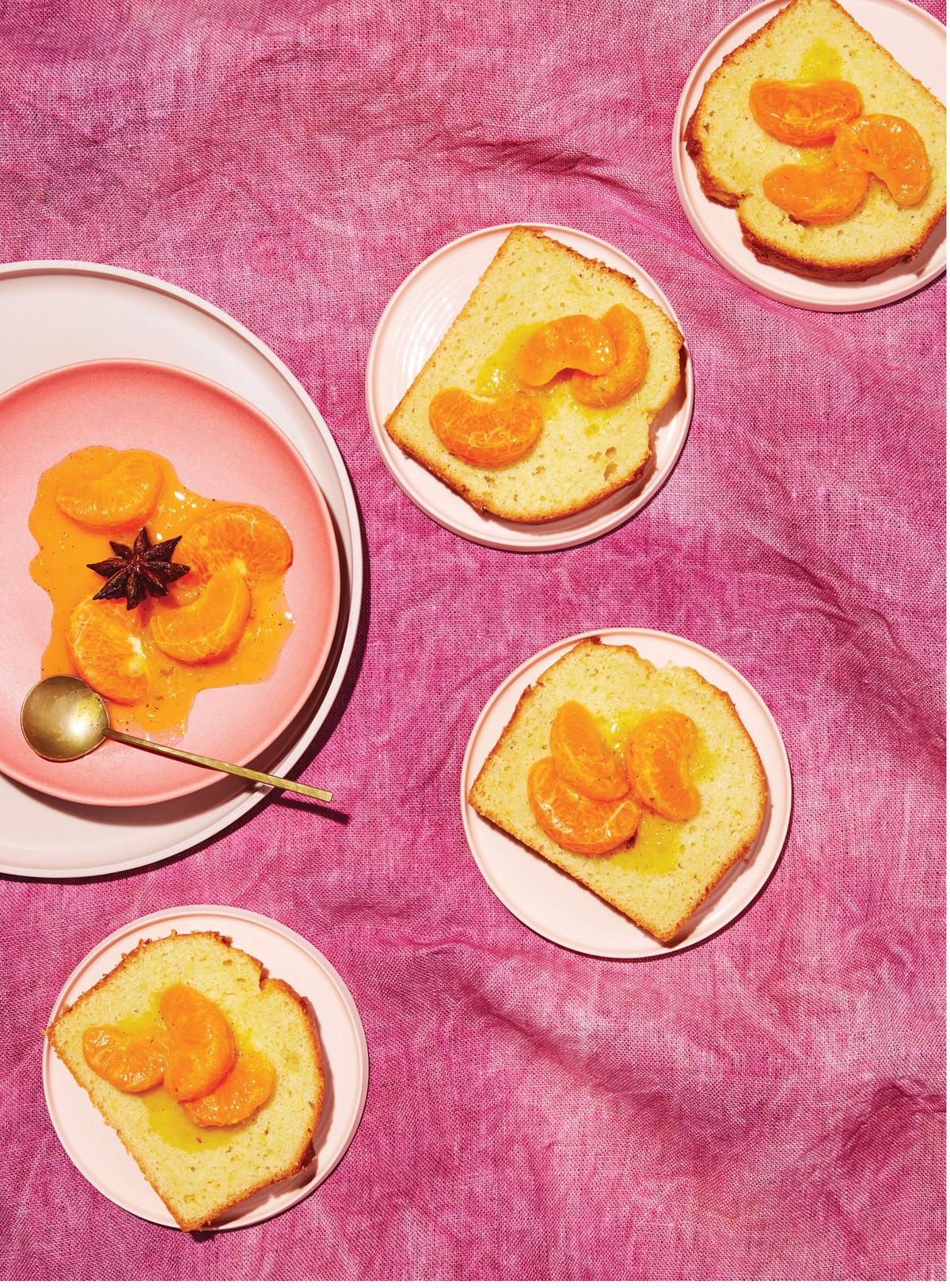 This polenta pound cake is spiked with orange zest and liqueur, and served with saucy spoonfuls of spiced mandarins. (Ethan Calabrese)