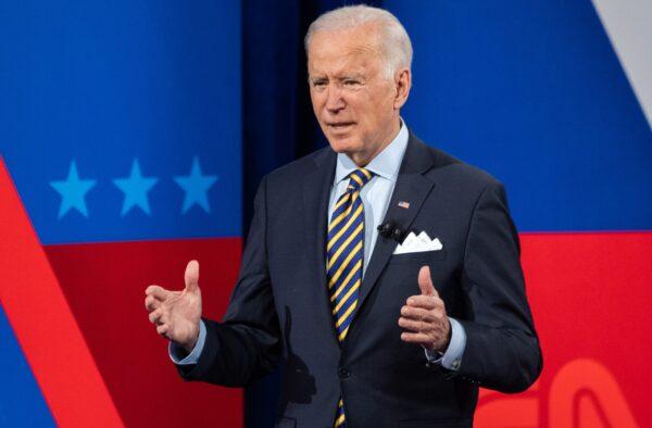 U.S. President Joe Biden participates in a CNN town hall at the Pabst Theater in Milwaukee, Wis., Feb. 16, 2021. (Saul Loeb/AFP via Getty Images)