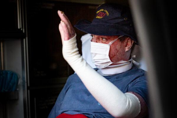 Orange County Fire Authority Firefighter Dylan Van Iwaarden was released from Orange County Global Medical Center in Santa Ana, Calif., on Feb. 17, 2021 after receiving treatments from injuries sustained during last October's Silverado Fire. (John Fredricks/The Epoch Times)