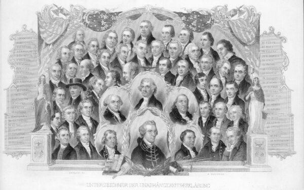 Engraved portraits of the signers of the U.S. Declaration of Independence, including John Hancock, president of the Continental Congress, and two future presidents; Thomas Jefferson and John Adams, on July 4, 1776. (Kean Collection/Archive Photos/Getty Images)