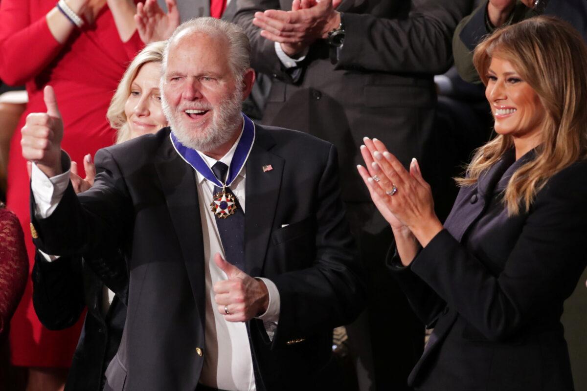 Rush Limbaugh reacts as he is awarded the Presidential Medal of Freedom by First Lady Melania Trump during President Donald Trump's State of the Union address to a joint session of Congress in the House Chamber of the U.S. Capitol in Washington on Feb. 4, 2020. (Jonathan Ernst/Reuters)