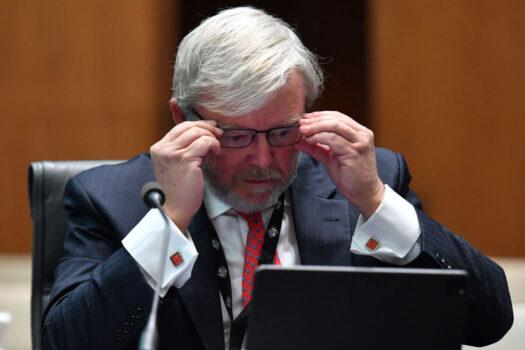 Former Prime Minister Kevin Rudd during the public hearing of media diversity in Australia at the Environment and Communications References Committee in the Main Committee Room at Parliament House on February 19, 2021, in Canberra, Australia. (Sam Mooy/Getty Images)