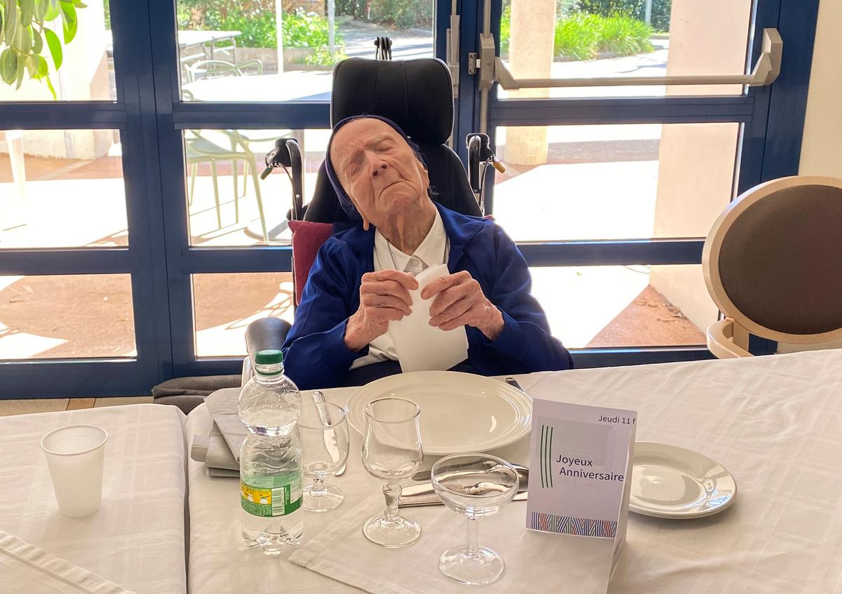 Sister André, born Lucile Randon, waits for the birthday lunch in Toulon, southern France, Thursday, Feb. 11, 2021. (Sainte-Catherine Laboure care home/David Tavella via AP)