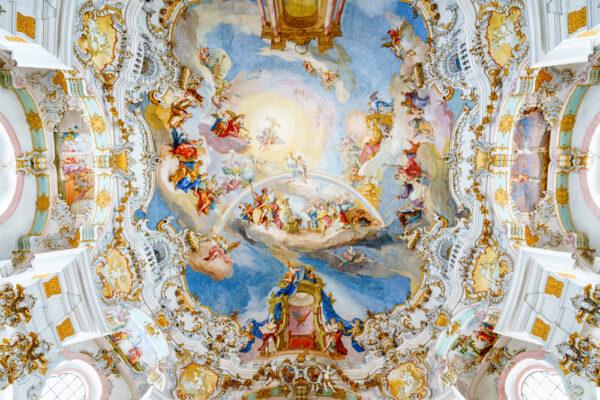 Wieskirche (the Pilgrim Church) at Wies, in Bavaria, Germany, is a Rococo masterpiece and the best example of the Wessobrunn style of stuccowork. (Pabkov/Shutterstock)
