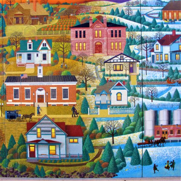 The mural "Seasons of Littleton" by artist Michelle Lamb at the light rail station in Littleton, Colo., depicts local buildings during the 19th and early 20th centuries. (Courtesy of Victor Block)