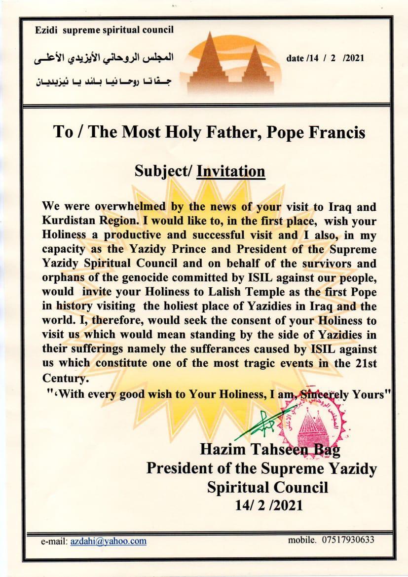 The invitation to Pope Francis from Hazim Tasheen Bag, president of Supreme Yazidi Spiritual Council (Supreme Yazidi Spiritual Council)