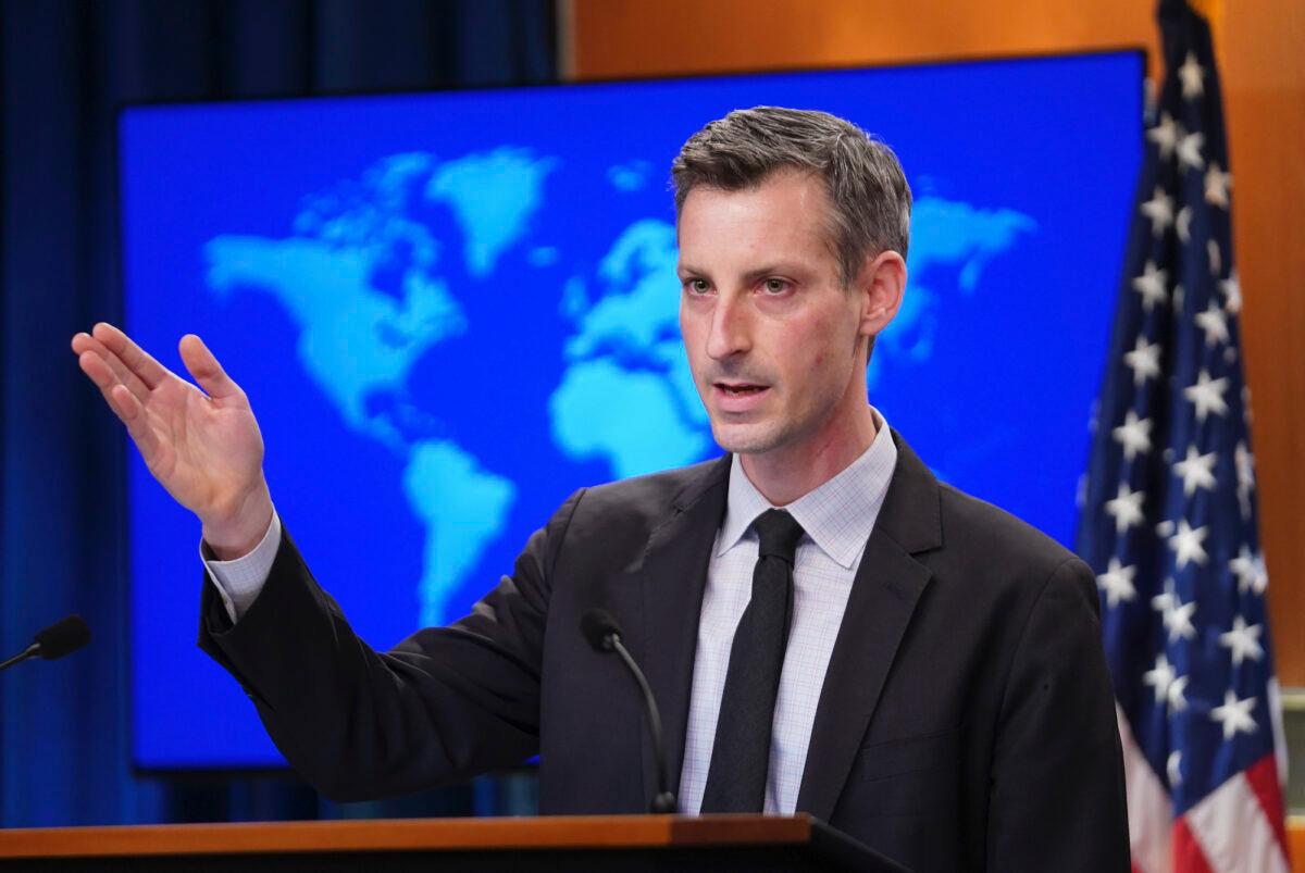 U.S. State Department Spokesperson Ned Price holds a news briefing at the State Department in Washington on Feb. 17, 2021. (Kevin Lamarque/Pool/AFP via Getty Images)