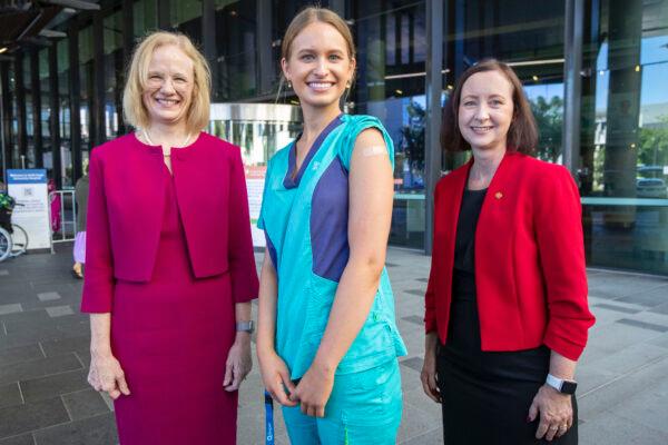 Queensland Chief Health Officer Jeannette Young, Queensland's first vaccine recipient Zoe Park and Queensland Minister for Heath Yvette D'Ath at Gold Coast University Hospital in Gold Coast, Australia, on Feb. 22, 2021. (Glenn Hunt/Getty Images)