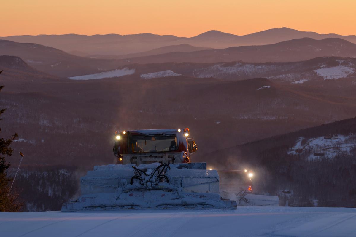 Snowcat operators at Sunday River work to make fresh groomed “corduroy” snow for skiers to enjoy the following day. (Nick Lambert/Sunday River)