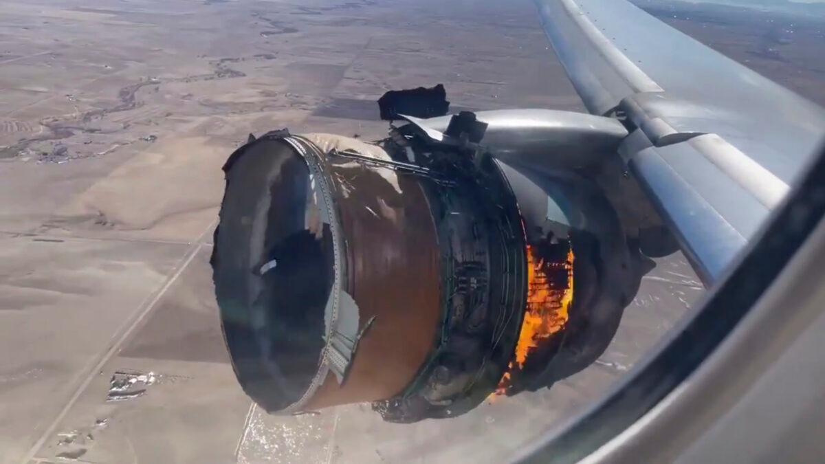 In this image taken from video, the engine of United Airlines Flight 328 is on fire after experiencing "a right-engine failure" shortly after takeoff from Denver International Airport, in Denver, Colo., on Feb. 20, 2021. (Chad Schnell via AP)