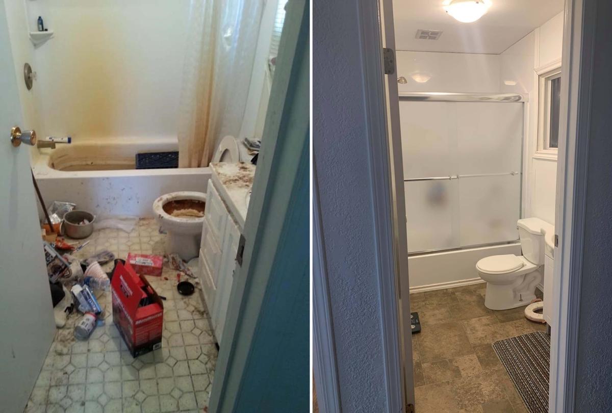 Before and after photos show Ciara's bathroom totally transformed. (Caters News)