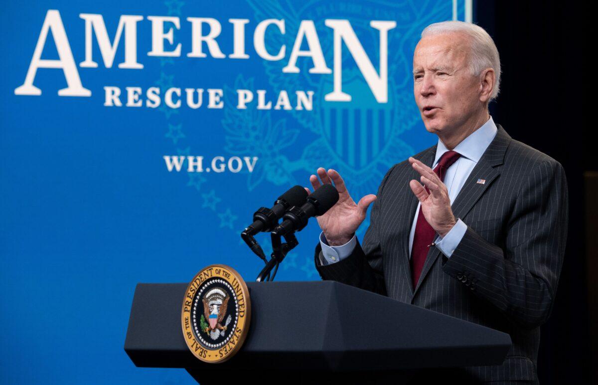 President Joe Biden speaks about the American Rescue Plan and the Paycheck Protection Program (PPP) for small businesses in response to COVID-19 in the Eisenhower Executive Office Building in Washington, on Feb. 22, 2021. (Saul Loeb/AFP via Getty Images)