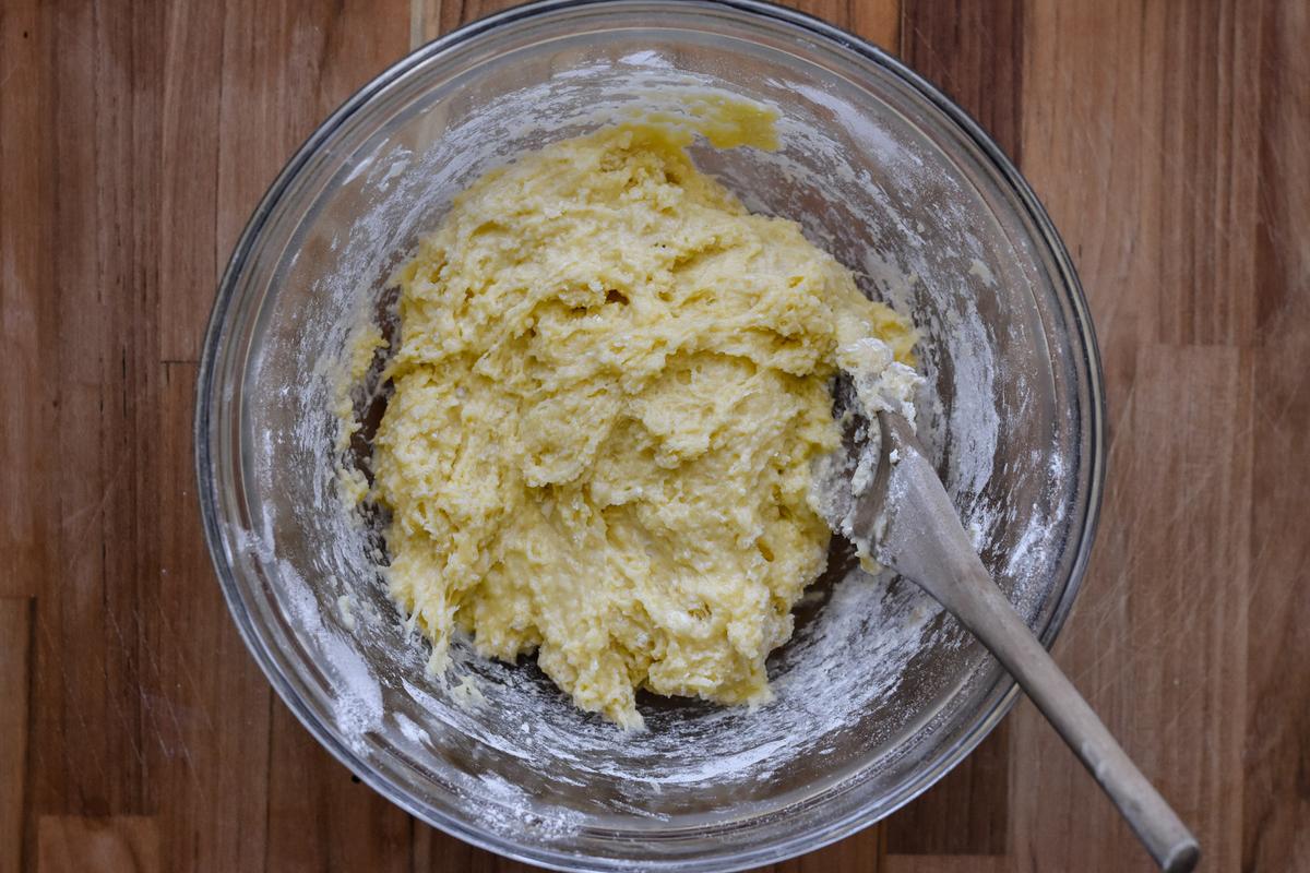 Mix the flour, salt, and sugar with the eggs into a thick, paste-like batter. (Audrey Le Goff)