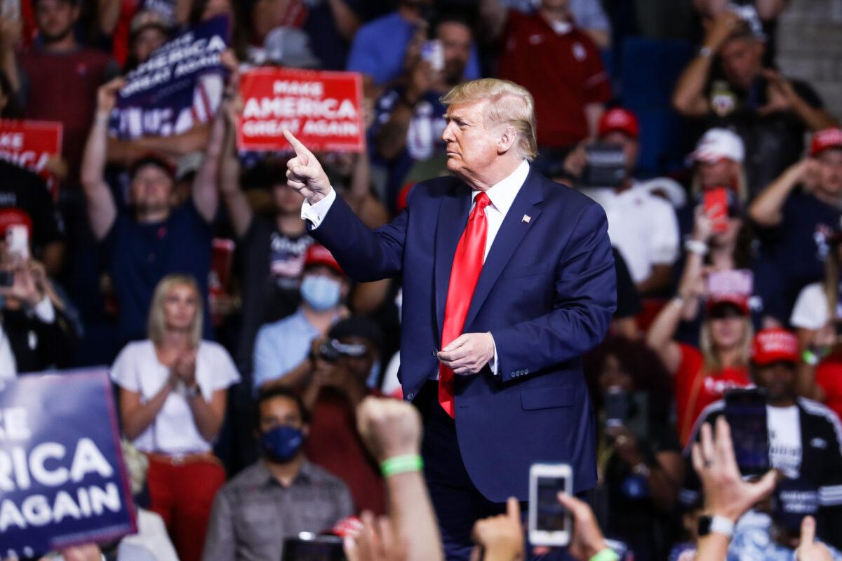 Then-President Donald Trump at a campaign rally in the BOK Center in Tulsa, Okla., on June 19, 2020. (Charlotte Cuthbertson/The Epoch Times)
