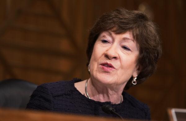 Sen. Susan Collins (R-Maine) speaks during a hearing on Capitol Hill in Washington on Feb. 23, 2021. (Leigh Vogel/Pool/AFP via Getty Images)