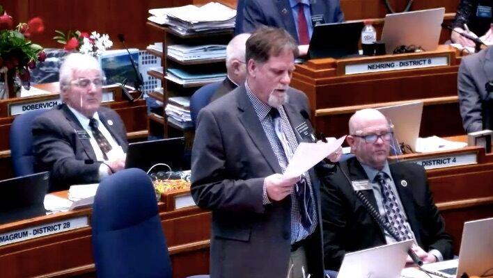 Rep. Jeff Hoverson gives a statement in support of House Bill 1323 that prohibits making masks mandatory, in Bismarck, North Dakota, on Feb. 22, 2021. (Screenshot via North Dakota Legislature)