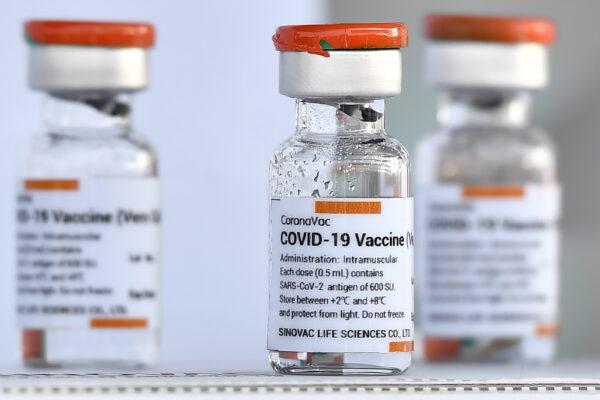 Vials of the CoronaVac vaccine, developed by China's Sinovac Biotech, are displayed in Bangkok, Thailand on Feb. 24, 2021. (LILLIAN SUWANRUMPHA/AFP via Getty Images)