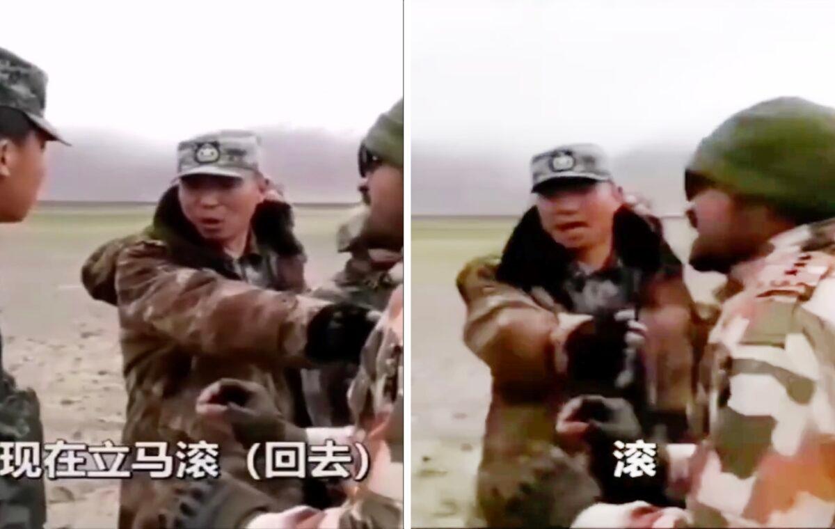 Chinese regiment commander Qi Fabao shouts to an Indian soldier who wants to negotiate with him in the Galwan Valley, an India China border region, in June 2020. The Chinese commander was later honored by being chosen as a torchbearer for the winter Olympics in Beijing in 2022. India boycotted the Olympics over the move. (Screenshot/Weibo)
