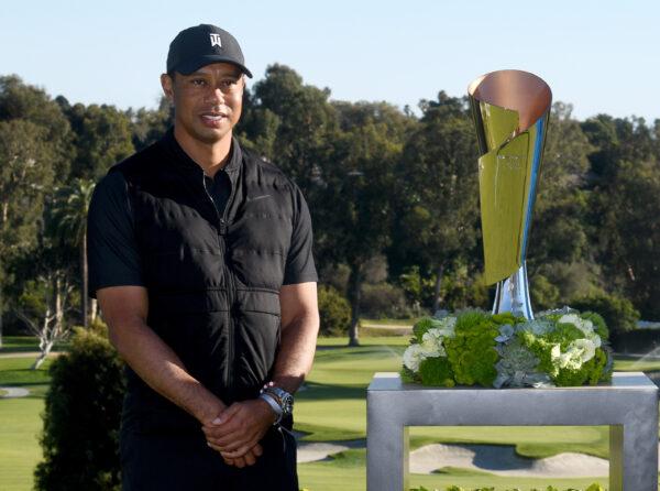 Tiger Woods on hand at the trophy presentation ceremony after the final round of the Genesis Invitational at Riviera Country Club in Pacific Palisades, Calif., on Feb. 21, 2021. (Harry How/Getty Images)