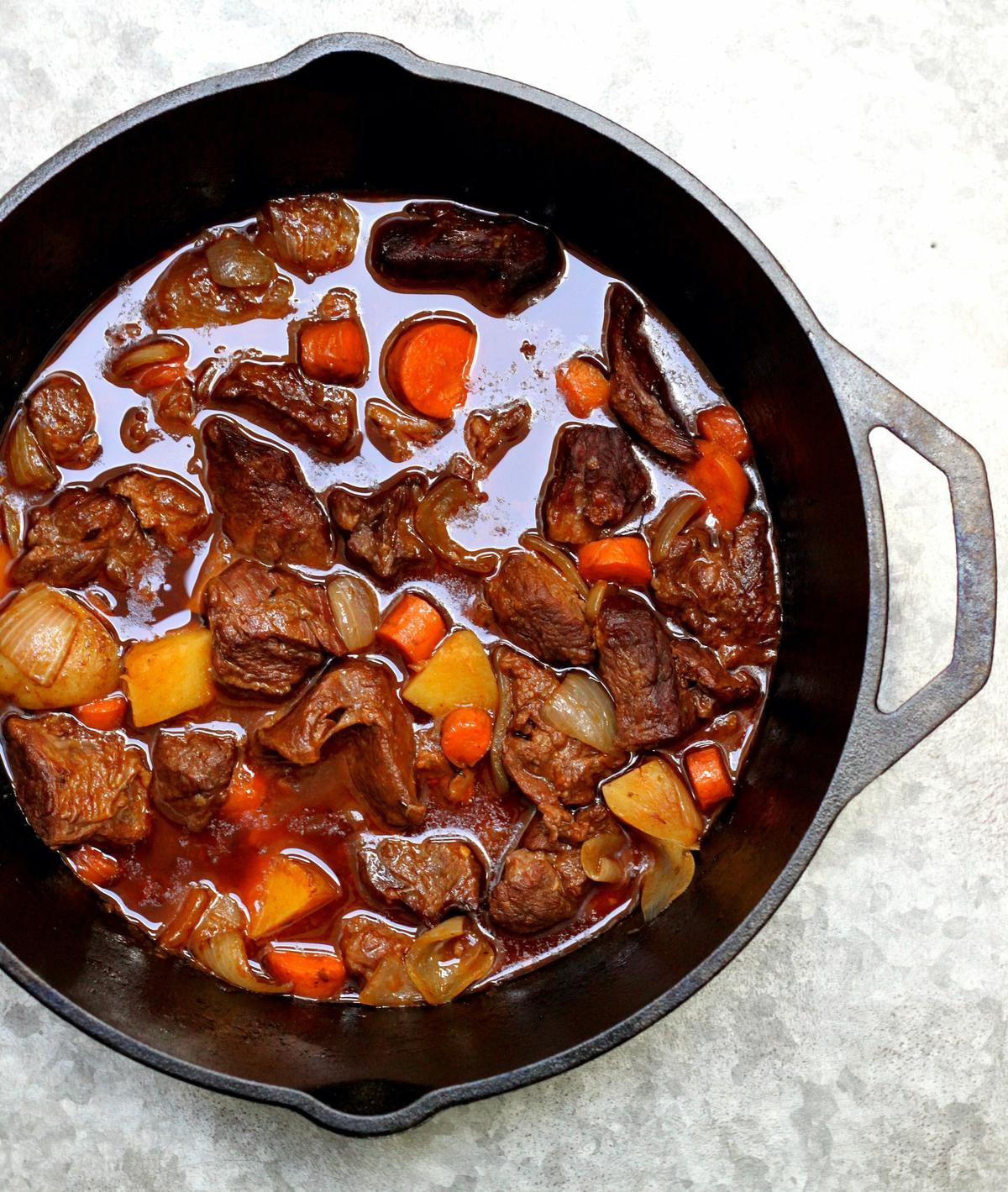 This hearty, no-nonsense beef stew is full of chunky vegetables and slow-cooked beef swimming in a stock of beef and beer. (Lynda Balslev for Tastefood)