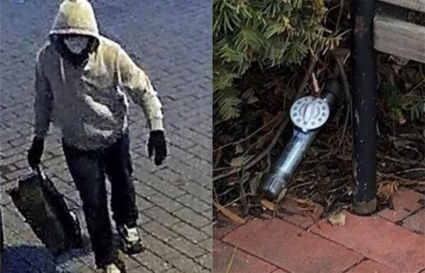 A suspect in the placement of two devices that the FBI said were pipe bombs is seen in Washington on Jan. 5, 2021. On right is a closeup photograph of one of the devices. (FBI)