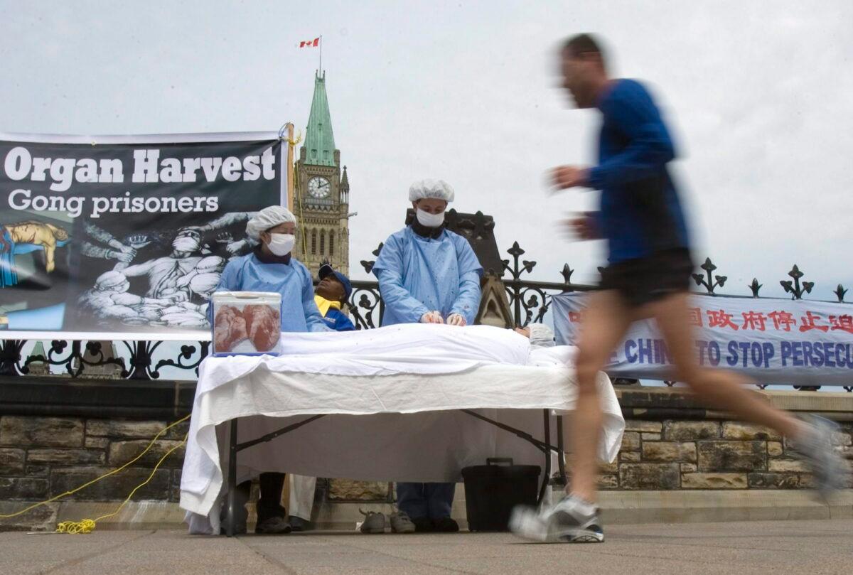 A man jogs past Falun Gong practitioners using a mock organ harvesting display as part of their protest against the CCP and its persecution of Falun Gong practitioners, on Parliament Hill in Ottawa, Canada, on May 2, 2008. (Tom Hanson/The Canadian Press)