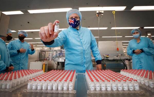 Prime Minister Scott Morrison visits the CSL AstraZeneca vaccine manufacturing facility in Melbourne, Australia on Feb. 12, 2021. (David Caird-Pool/Getty Images)