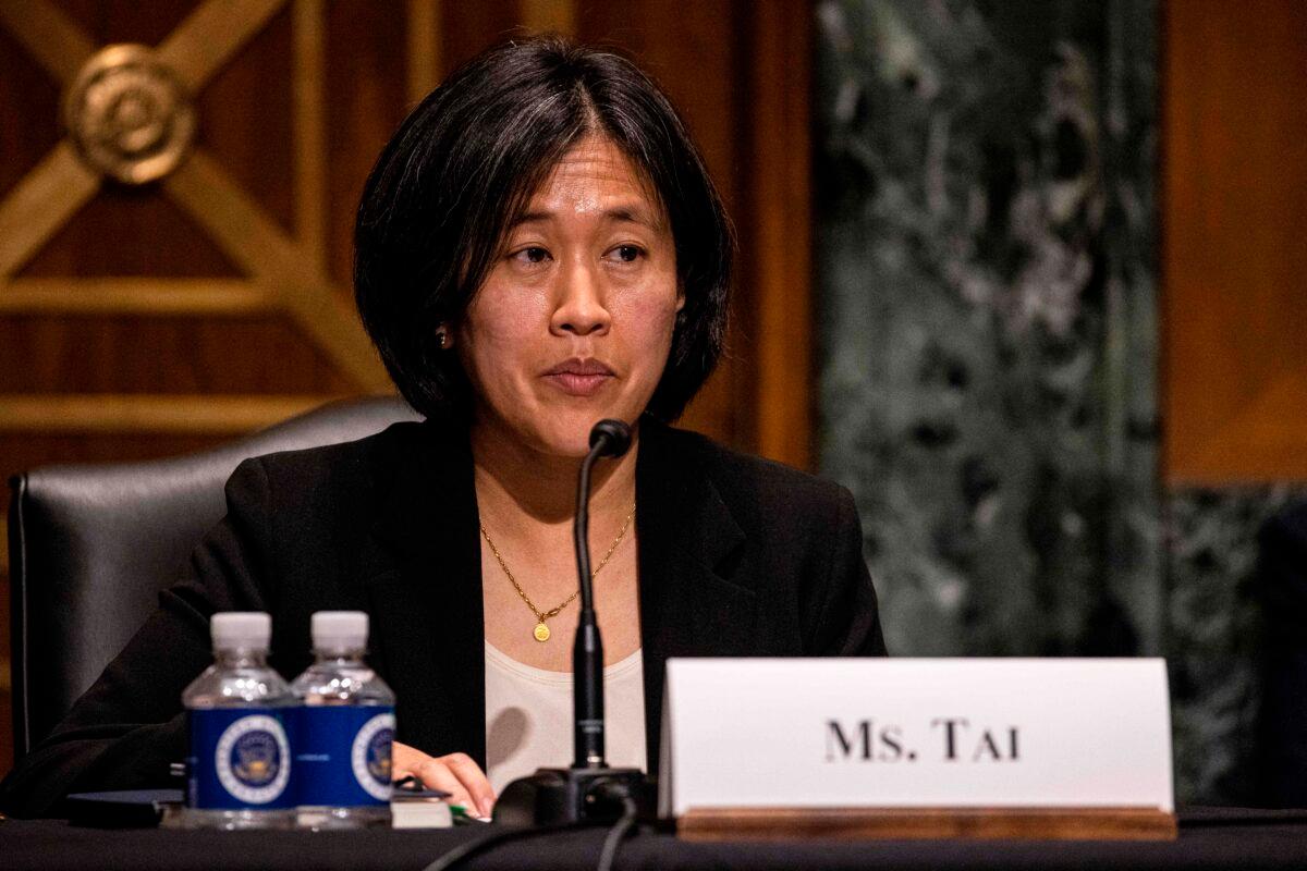 Katherine Tai, then-nominee for U.S. Trade Representative, testifies during the Senate Finance committee hearings to examine her nomination in Washington, on Feb. 25, 2021. (Tasos Katopodis /POOL/AFP via Getty Images)
