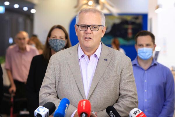 Australian Prime Minister Scott Morrison gives a press conference after receiving a COVID-19 vaccination at Castle Hill Medical Centre in Sydney, Australia, on Feb. 21, 2021. (Mark Evans/Getty Images)