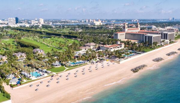 An aerial view of the beach and resort at the Breakers in Palm Beach (Courtesy of The Breakers).