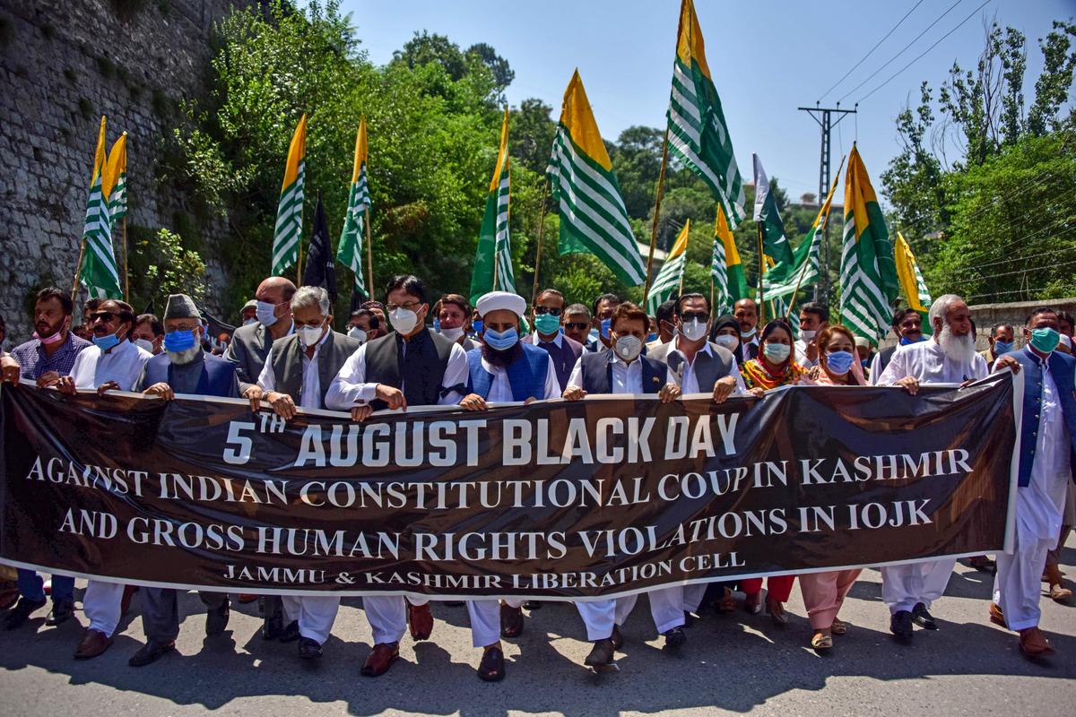 Pakistan celebrates Kashmiri Black Day in Muzaffarabad on Aug. 5, 2020, which is usually marked on Oct. 27. Pakistani Prime Minister Imran Khan on Aug. 5 branded India an "oppressor and aggressor" a year after New Delhi imposed direct rule on India-administered Kashmir. (Sajjad Qayyum/AFP via Getty Images)