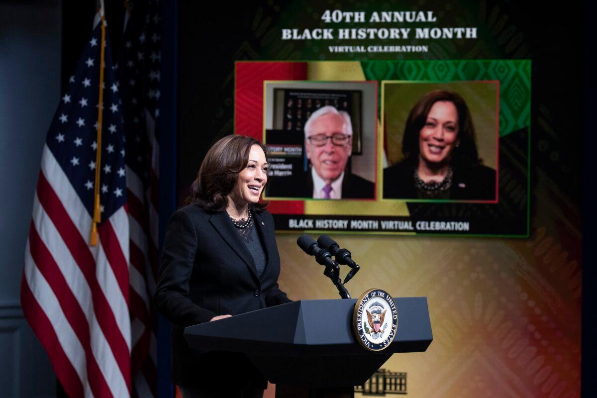 Vice President Kamala Harris speaks at the White House during a Black History Month virtual celebration in Washington on Feb. 27, 2021. (Tasos Katopodis/Getty Images)