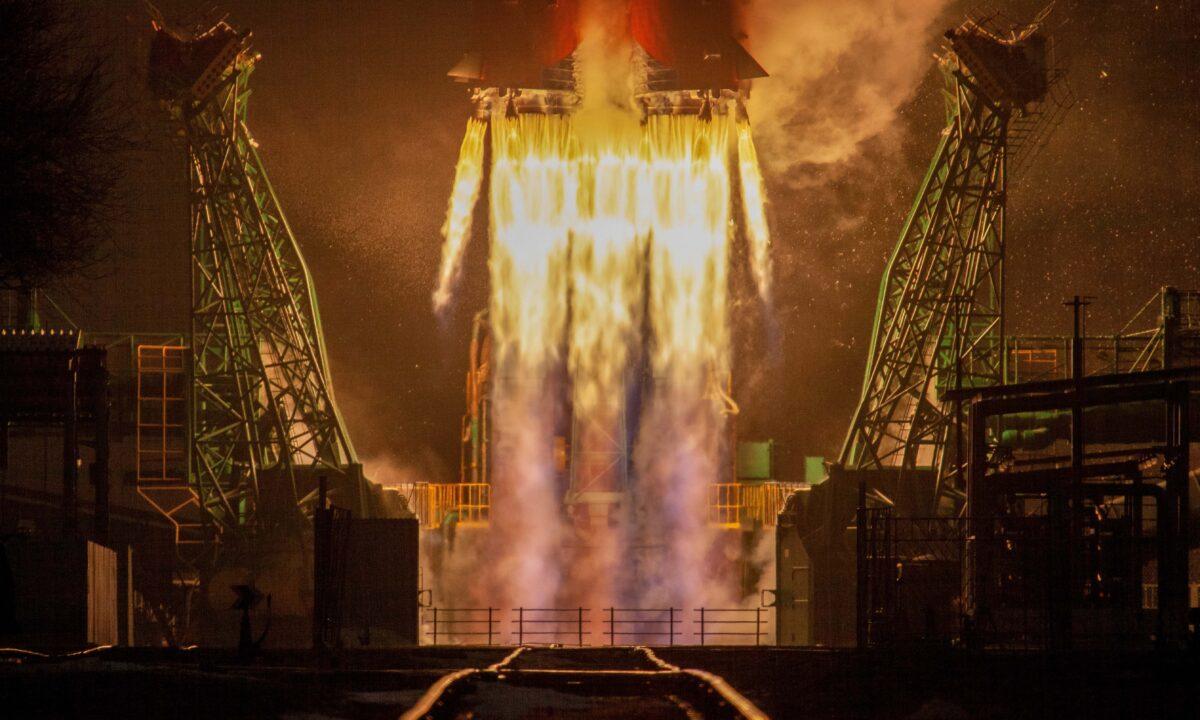 The Soyuz spacecraft with the Arktika-M satellite for monitoring the climate and environment in the Arctic, blasts off from the launchpad at the Baikonur Cosmodrome, Kazakhstan, on Feb. 28, 2021. (Russian space agency Roscosmos/Handout via Reuters)