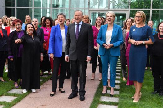 Australian Labor Party members (L-R) Senator Penny Wong, Leader of the Opposition Anthony Albanese, Federal Members of Parliament Tanya Plibersek and Kristina Keneally celebrate International Womens Day at Parliament House on February 24, 2021 in Canberra. (Sam Mooy/Getty Images)