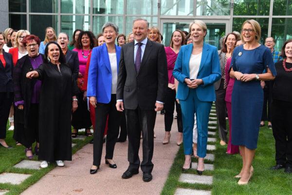 Australian Labor Party members Sen. Penny Wong, Leader of the Opposition Anthony Albanese, Federal Members of Parliament Tanya Plibersek, and Sen. Kristina Keneally celebrate International Womens Day at Parliament House in Canberra, Australia, on Feb. 24, 2021. (Sam Mooy/Getty Images)