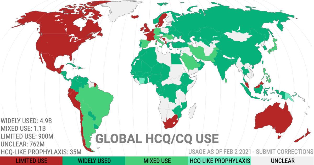 A map of where hydroxychloroquine is currently being used around the world for COVID-19 on March 1, 2021. (Courtesy of c19study.org)